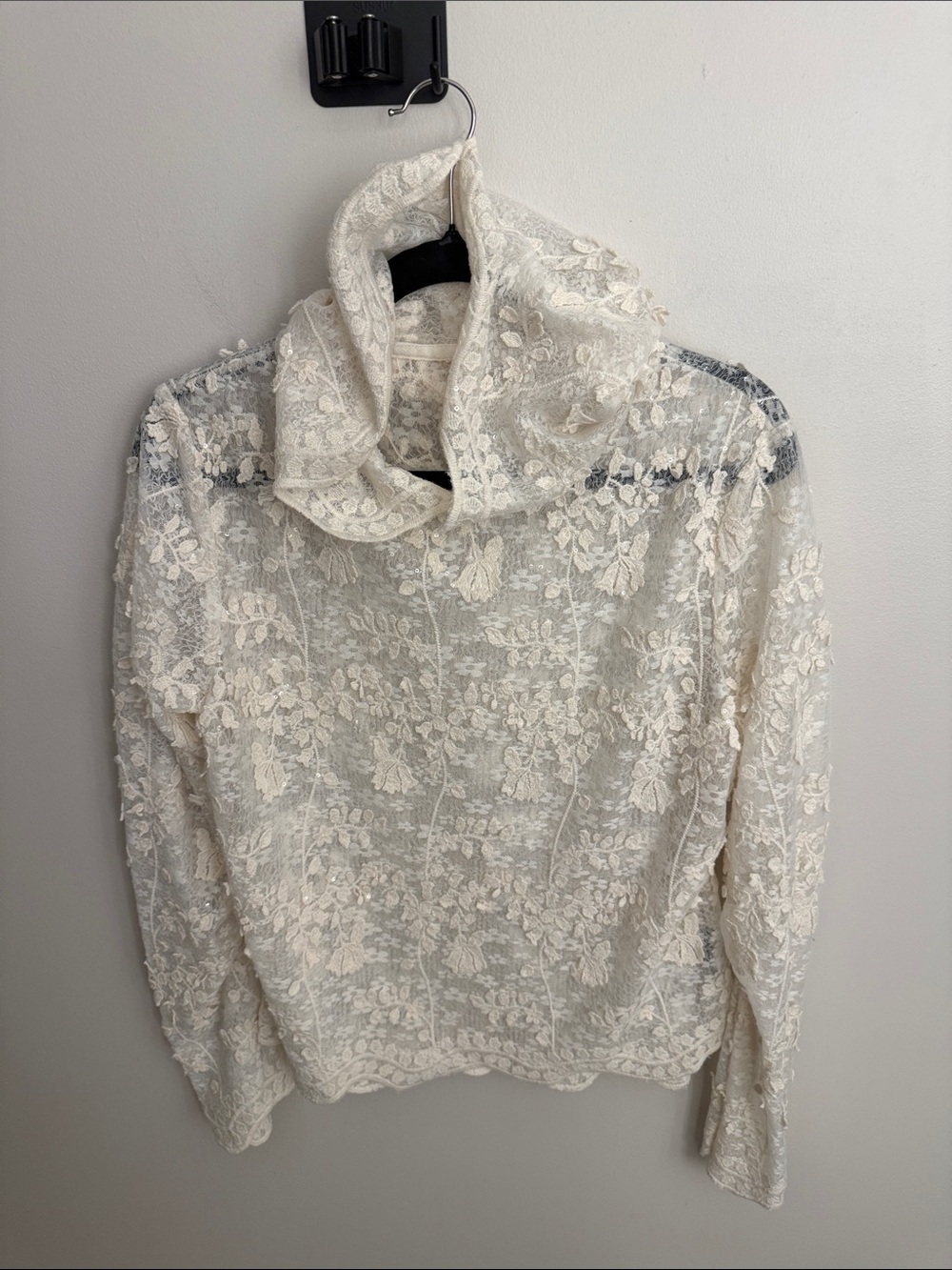 Sheer Lace Cowl Neck Sweater in Ivory